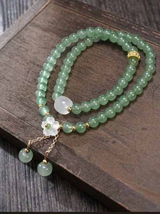 Jewelry - Jade Beaded Necklace with Floral Charm - Unbranded